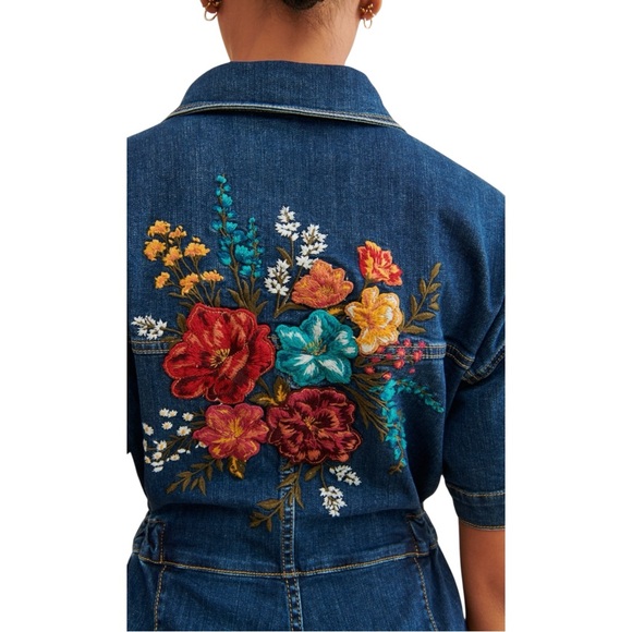 Driftwood x Free People | Randi‎ Floral Embroidered Denim Jumpsuit Medium $228 - Picture 8 of 10
